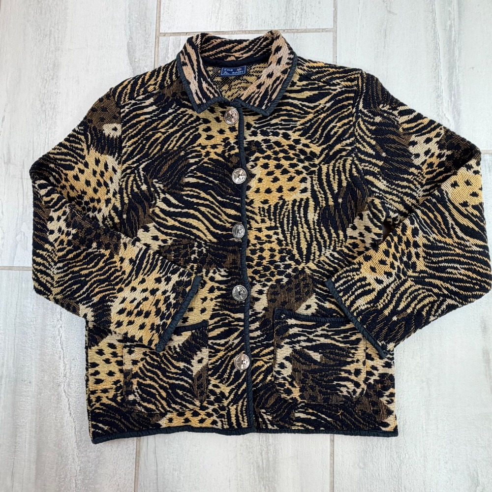 Jane Ashley Animal Print Tapestry Jacket Leopard Zebra Button Front Tan Black